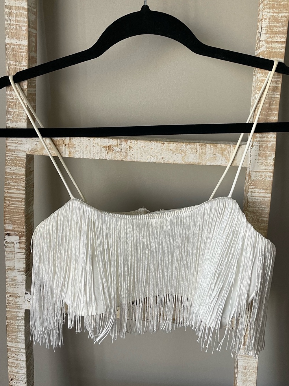 White Fringed Spaghetti-Strap Crop Top